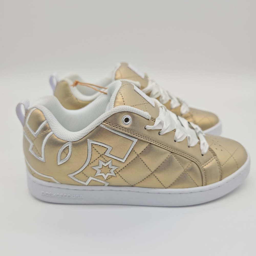New DC Shoes Court Graffik Metallic Gold Quilted Leather Skate Sneakers Womens 9
